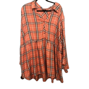 Torrid Dusty Coral Plaid Washed Twill Peplum Top 1/2 Button Up Babydoll sz 5